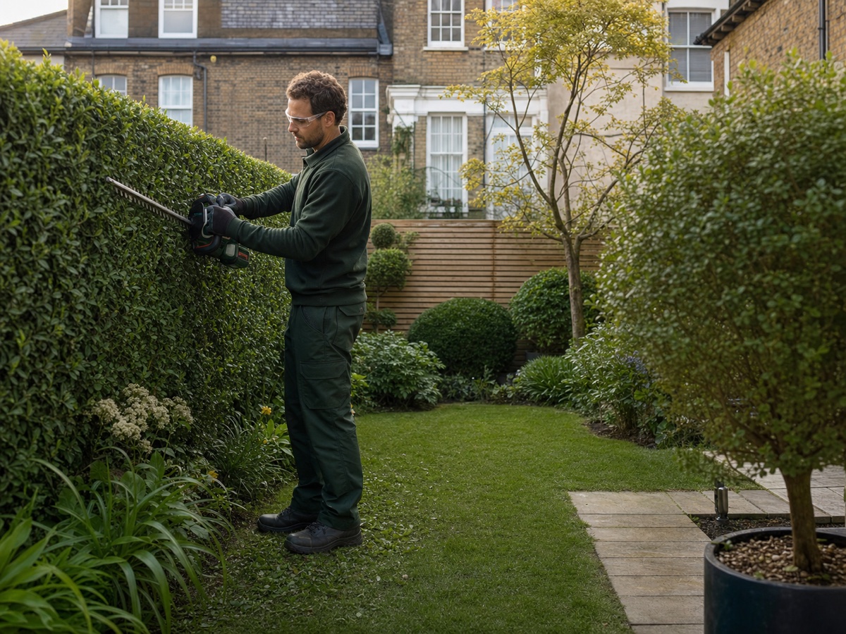 Representative image of a professional gardener trimming a hedge in a London garden
